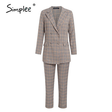 Simplee Office ladies plaid blazer suit Double breasted pockets female blazer pants set Streetwear elegant women blazer set