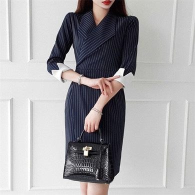 Colorfaith New 2020 Women Summer Autumn Dresses High Waist Package Hip Patchwork Elegant Striped Office Lady Mini Dress DR7917