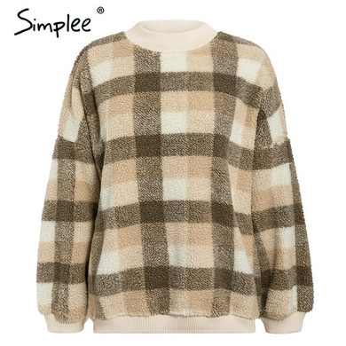 Simplee Casual lambswool plaid women hoodies sweatshirts O neck pullover loose female sweatshirt Autumn winter ladies warm coat