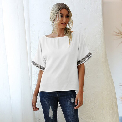 MIOFAR 2020 Summer Casual Loose Streetwear Blouse Top Women's Blouses Elegant Patchwork Short Sleeve O-Neck Chiffon Tops
