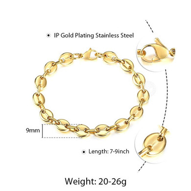 Trendsmax Stainless Steel Coffee Beans Marina Link Chain Bracelet  for Men Women Hip Pop Jewelry 7/9/11mm KBM169