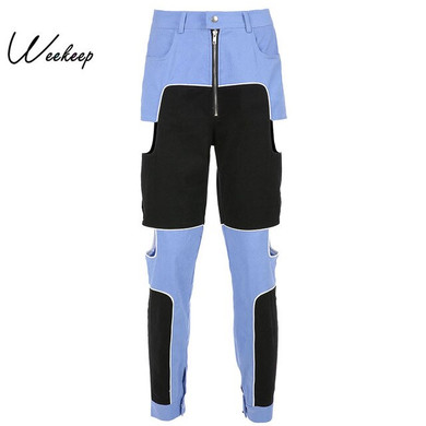 Weekeep Patchwork Hollow Out Pants Women Streetwear High Waist Pencil Pants Fashion Ankle-length Cargo Pants Women 2019