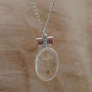 Natural Dandelion Seed Specimen Glass Adhesive Sheet and Wish Tag Pendant Necklace Charm Women Oval Time Gem Necklace