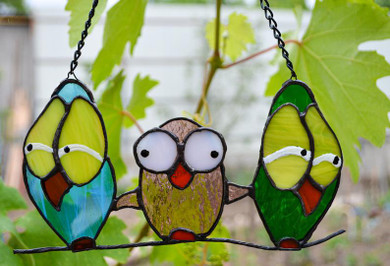 CUSTOM 3 OWLS STAINED GLASS WINDOW HANGINGS, GARDEN DECOR