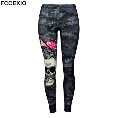 FCCEXIO New Arrival Leggings Women Skull Head 3D Printed Camouflage FCCEXIO New Arrival Leggings Women Skull Head 3D Printed Camouflage