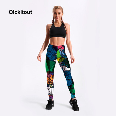 Qickitout Women's Diamond Color Stitching Leggings Digital Print