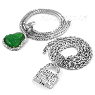 Iced Buddha Pendant w/ 5mm Franco Chain / LOCKSMITH Pendant w/ 4mm Rope Chain Set G