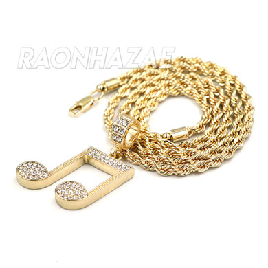 Iced Gold / Silver Buddha Pendant w/ 5mm Franco Chain / MUSICAL NOTE Pendant w/ 4mm Rope Chain Set