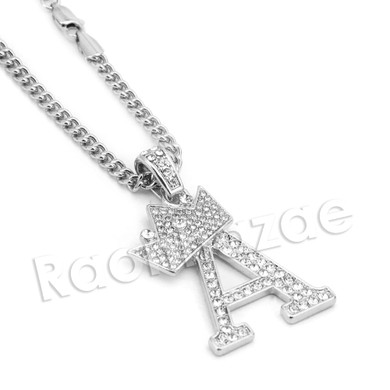 King Crown A Initial Pendant Necklace Set (Silver)
