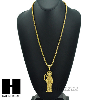 MEN 316L STAINLESS STEEL TALL SANTA MUERTE PENDANT W 24" BOX CHAIN NECKLACE S222