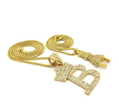 14K Gold Plated Electric Power Plug & King 'B' Pendant Necklace Set 04