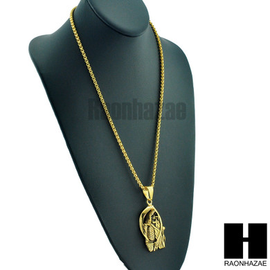 316L STAINLESS STEEL SAINT DEATH SANTA MUERTE GOLD PENDANT W 24" BOX CHAIN NECKLACE 2