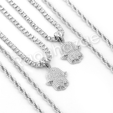 HANDS OF HAMSA SILVER PENDANT W/ 24" ROPE /18" TENNIS CHAIN NECKLACE