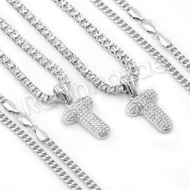 SILVER T INITIAL BUBBLE PENDANT W/ 24" MIAMI CUBAN /18" TENNIS NECKLACE