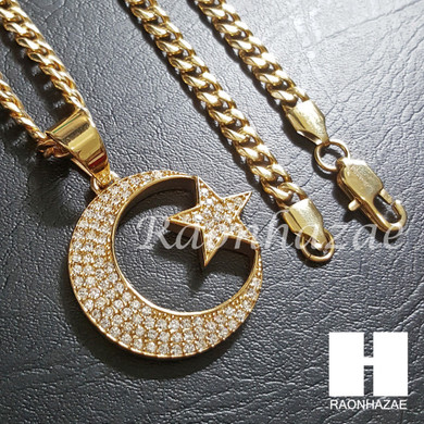 316L Stainless steel Gold Muslim Moon&Star Pendant 5mm Cuban Chain S25 316L Stainless steel Gold Muslim Moon&Star Pendant 5mm Cuban Chain S25