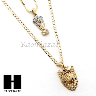 MEN QUEEN NEFERTITI & KING LION PENDANT BOX CUBAN CHAIN DOUBLE NECKLACE SET SD02