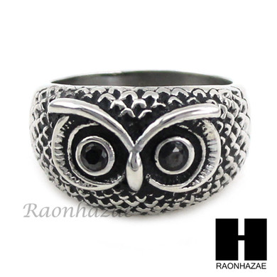MEN STAINLESS STEEL HIP HOP ANTIQUE SILVER TONE OWL w/ ONYX RING 8-12 SR027CL