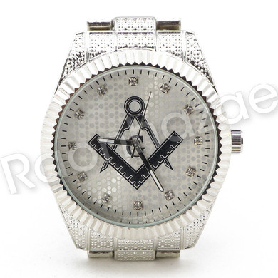 Hip Hop 14K White Gold PT Freemason Watch Cuban Chain Bracelet Set F44S