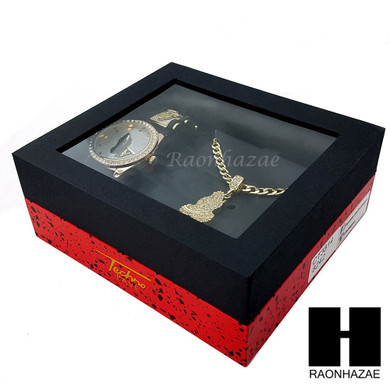 MEN PRAYING HANDS WATCH & PENDANT CUBAN CHAIN NECKLACE GIFT SET SS80