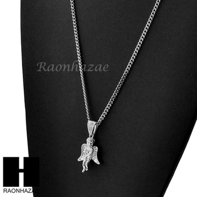 MENS STAINLESS STEEL MINI ANGEL CZ PENDANT 24" CUBAN NECKLACE SET NP006