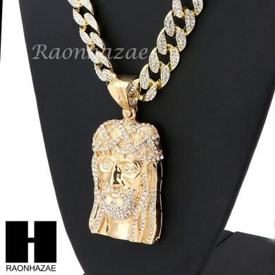 Hip Hop Gold Plated New Jesus Face PAVE Pendant 30" Cuban Link Chain N3