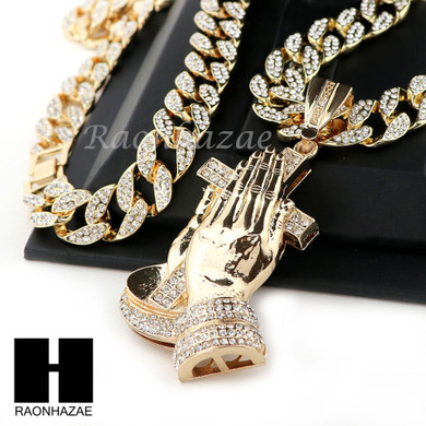 Hip Hop 14k Gold Plated Praying Hands Pendant 30" Cuban Link Chain N07