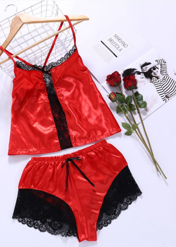 Eyelash Lace Imitation Silk Camisole Lingerie Cami Set Two Pieces/Free Shipping