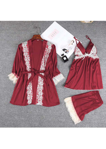 Satin Lace Trim Half Sleeve Lingerie Sleepwear 3 Pieces Set/Free Shipping