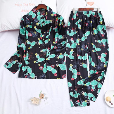 Cactus Print Pocket With Button Set 2 Sleepwear Pajama For Women/Free Shipping