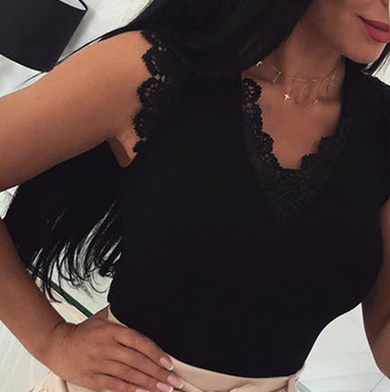 Lace Neckline and Border Small Cap Lace Sleeve Tank Top - Sizes S M L XL