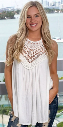 Boho Chic Sleeveless Blouse with Lace / Crochet Look Neckline   Size: S,M,L,XL,2XL