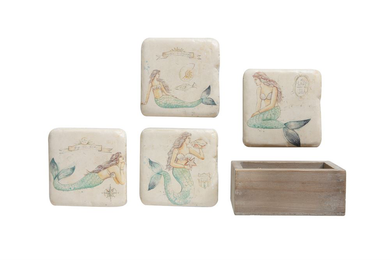  Mermaid Coasters in Wood Box