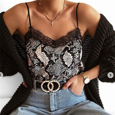 141 Grey - Snake Skin Cami Top with Lace Trim