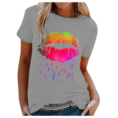 Novelty Women Blouses Casual Colorful Lip Print Short Sleeve O-neck Shirt Blouses Tops Plus Size