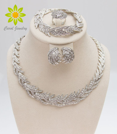 Leaves Shape Silver Plated Clear Crystal Jewelry Set