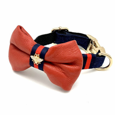 Genuine Red Leather & Navy Denim Designer Collar & Bow Tie