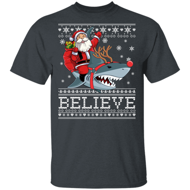 Believe in Santa Riding Shark Christmas Ugly Christmas Shirts