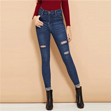 Blue Ripped Roll-Up Skinny Jeans