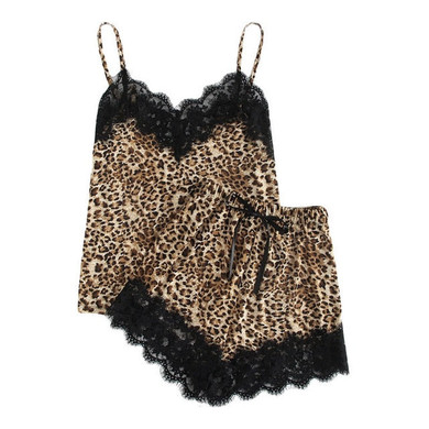 Eyelash Lace Insert Leopard Cami Top & Shorts PJ Set