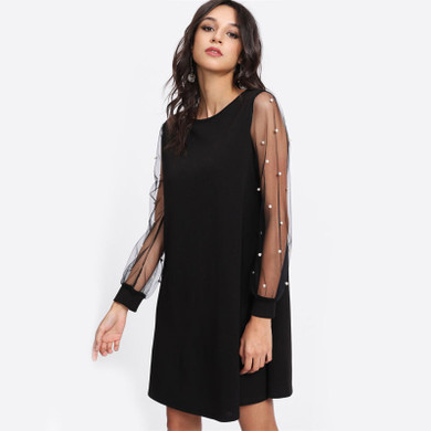 Elegant Pearl Beading Mesh Sleeve Tunic Dress