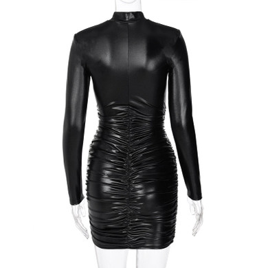 PU Leather Ruched Turtleneck Bodycon Mini Dress