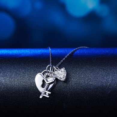 Heart Lock & Key 925 Sterling Silver Pendant Necklace