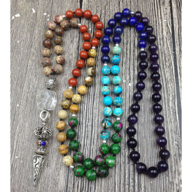 7 Chakra Stone 108 Mala/Prayer Beads Necklace with Tibetan Pendant