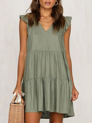 Solid Color Stitching Ruffle Mini Dress