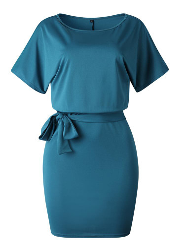 Women's Belted Round Neck Short Sleeve Wrap Dress