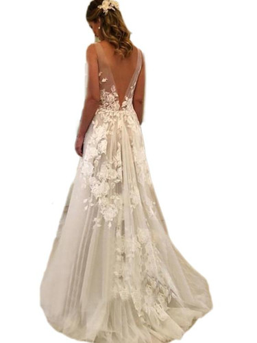 A-Line/Princess Sweep/Brush Train V-neck Sleeveless Applique Tulle Wedding Dresses
