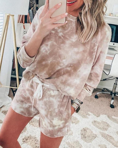 Tie Dye Print Casual Top & Drawstring Shorts Set
