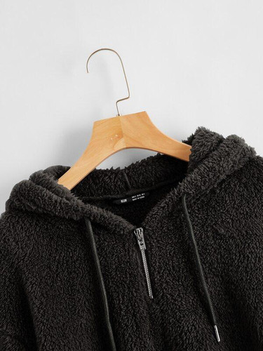 Drop Shoulder Drawstring Crop Teddy Hoodie