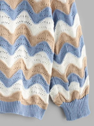 Wave Striped Pointelle Knit Drop Shoulder Sweater