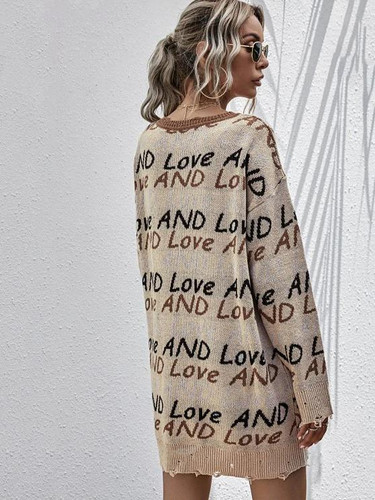 Lettering Graphic Distressed V Neck Sweater Dress